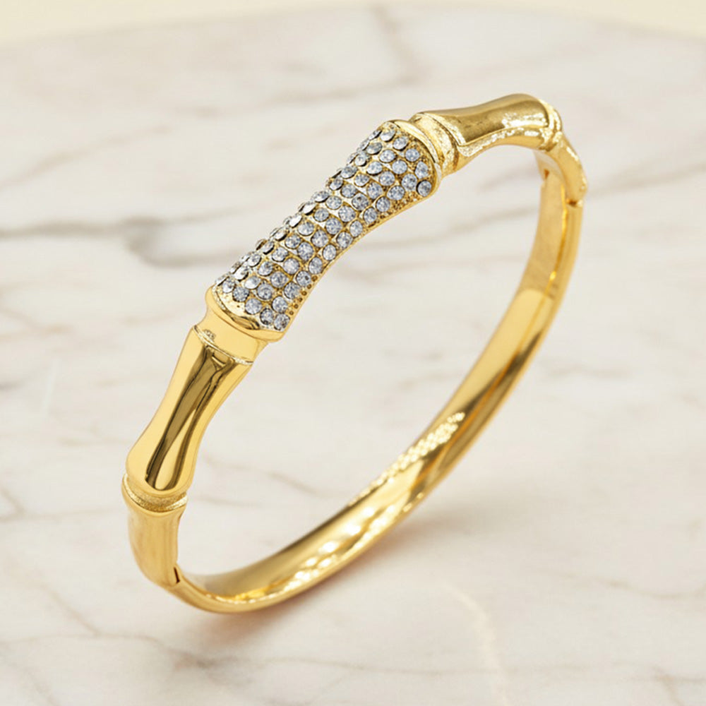 Madeline Love Gold Stainless Steel CZ Pave Bamboo Hinged Bangle Bracelet