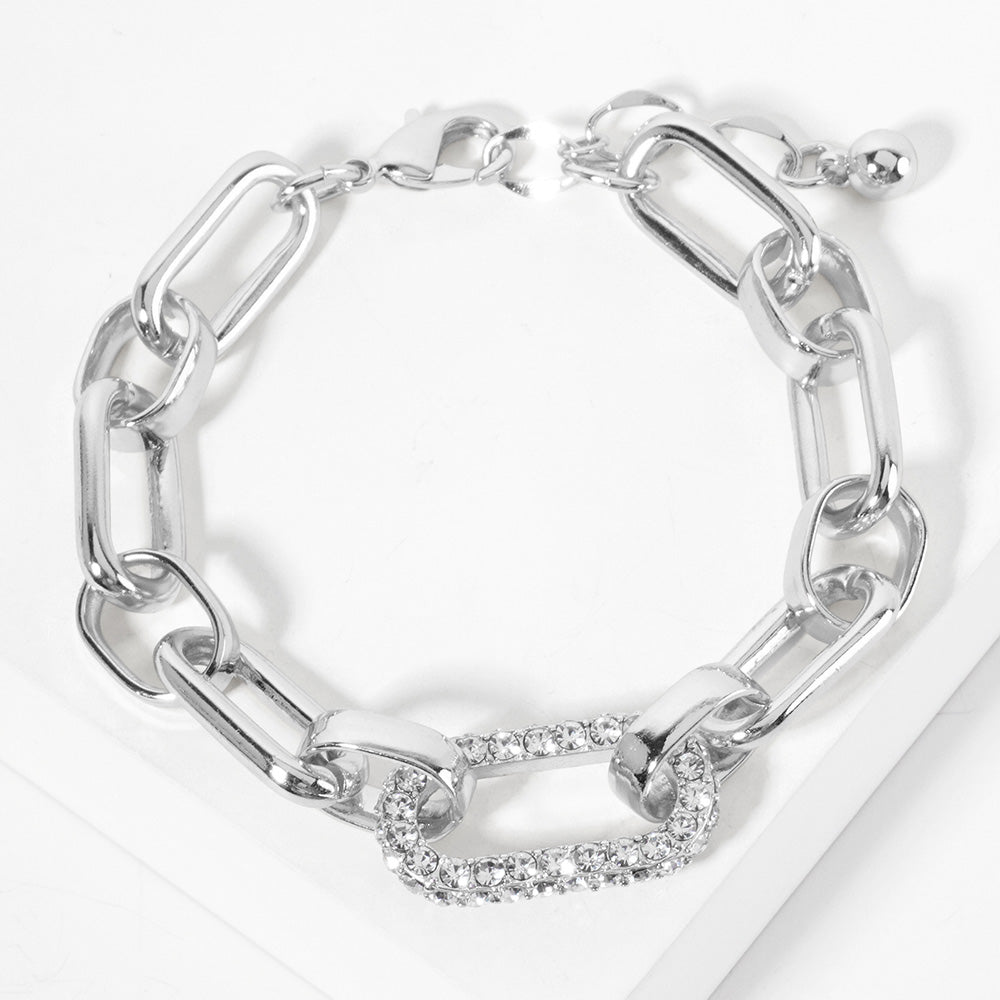 Madeline Love Rhodium White Gold Dipped CZ Stone Paved Oval Ring Pointed Link Chain Bracelet