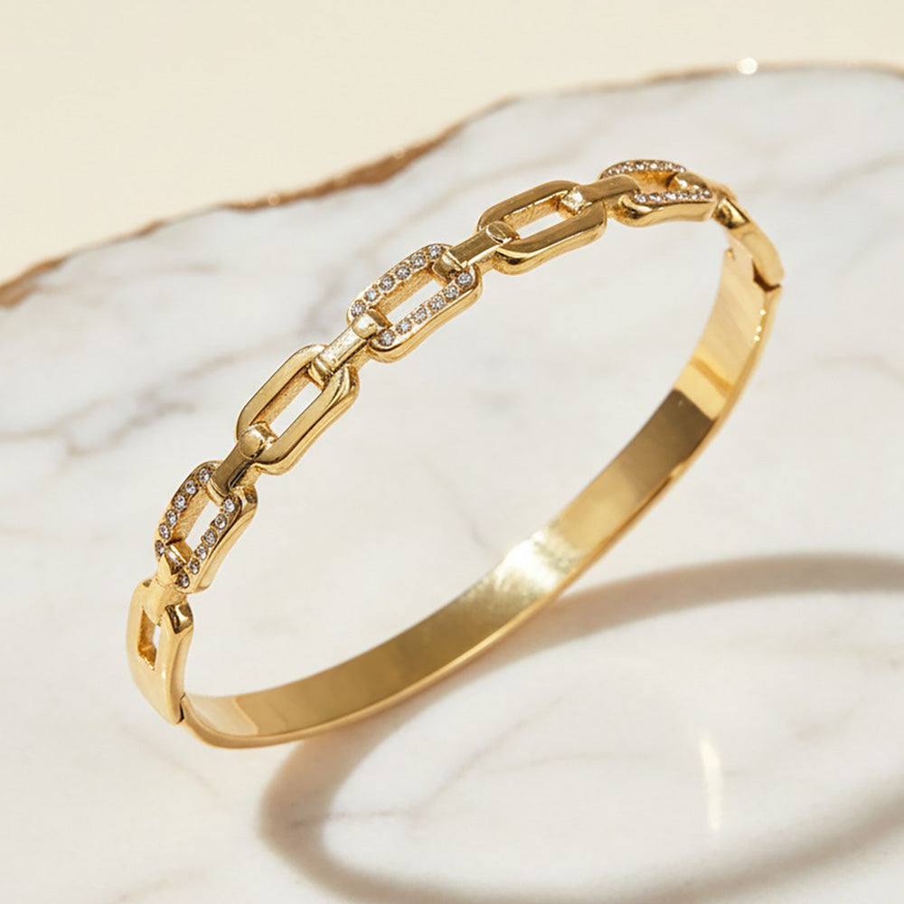 Madeline Love Gold Stainless Steel CZ Pave Link Hinged Bangle Bracelet