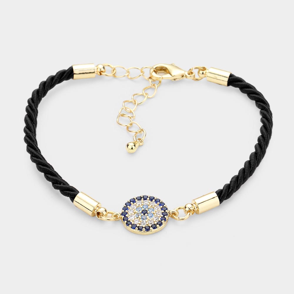 Madeline Love Black, Gold Rhinestone Embellished Evil Eye Charm Bracelet - Bracelets