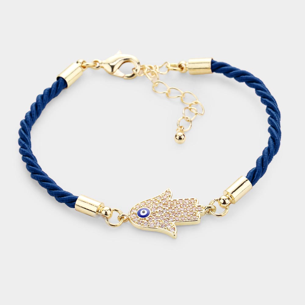 Madeline Love Gold, Navy Rhinestone Embellished Hamsa Hand Enamel Evil Eye Charm Bracelet - Bracelets