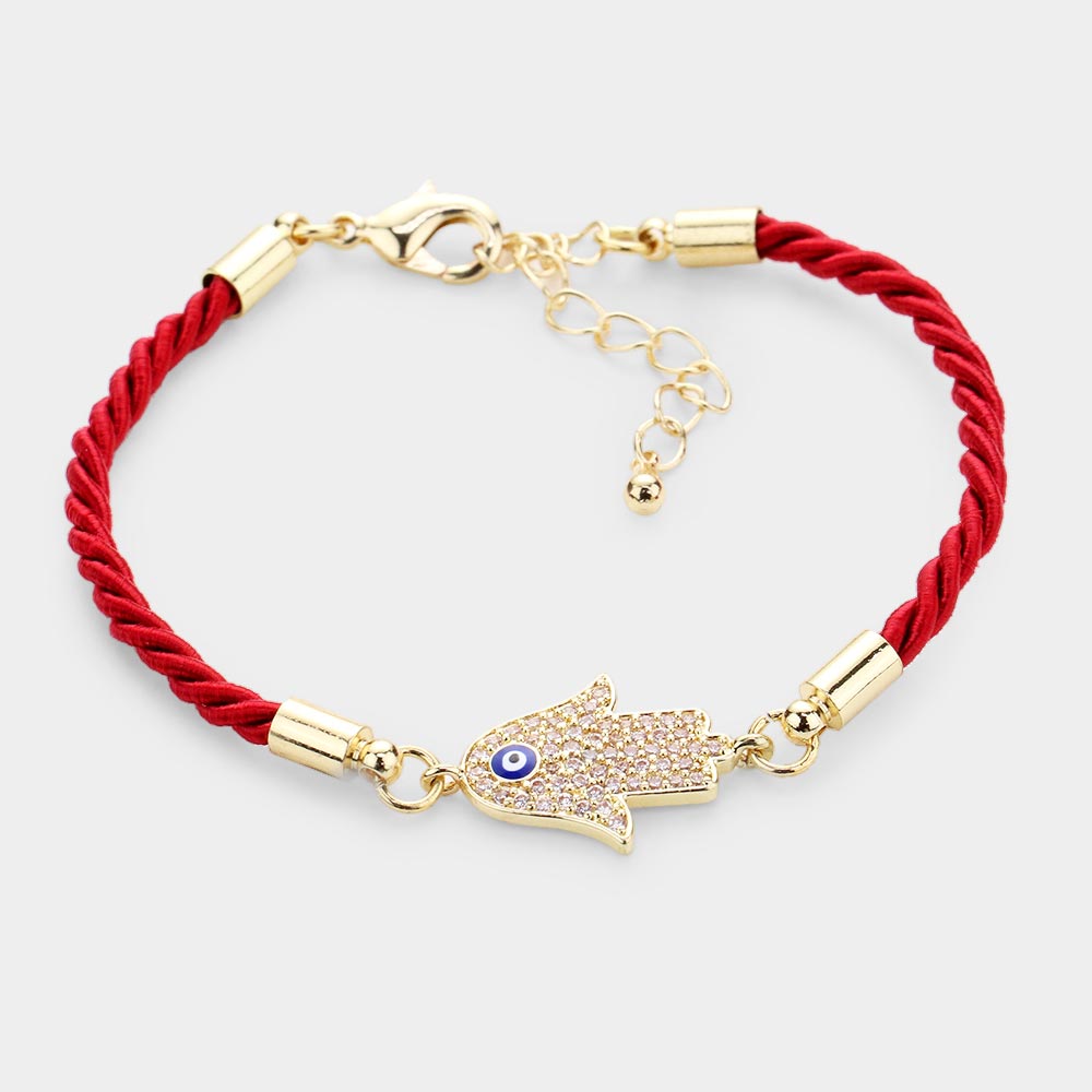 Madeline Love Gold, Red Rhinestone Embellished Hamsa Hand Enamel Evil Eye Charm Bracelet - Bracelets
