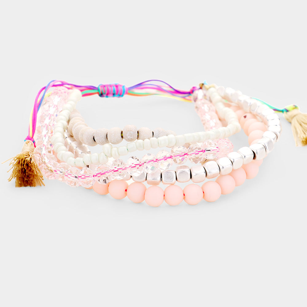Madeline Love Multi, Peach Wood Metal Beaded Tassel Multi Strand Adjustable Cinch Pull Tie Bracelet - Bracelets