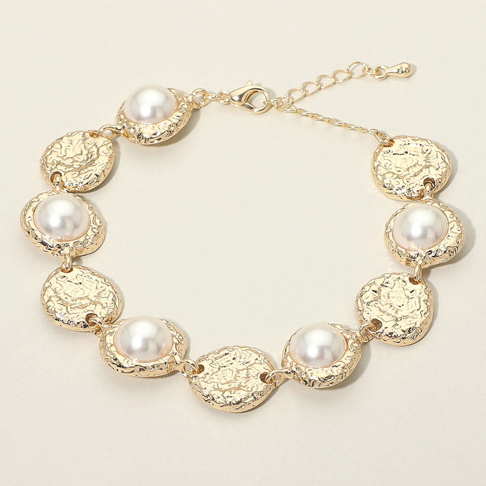Madeline Love Cream, Gold Pearl Accent Textured Disc Link Bracelet - Bracelets