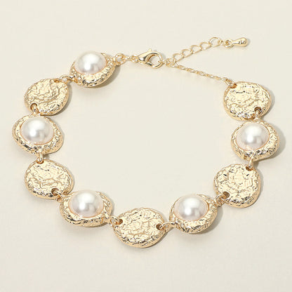Madeline Love Cream, Gold Pearl Accent Textured Disc Link Bracelet - Bracelets