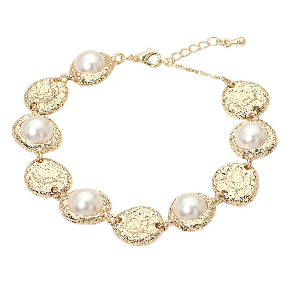 Madeline Love Cream, Gold Pearl Accent Textured Disc Link Bracelet - Bracelets - desc