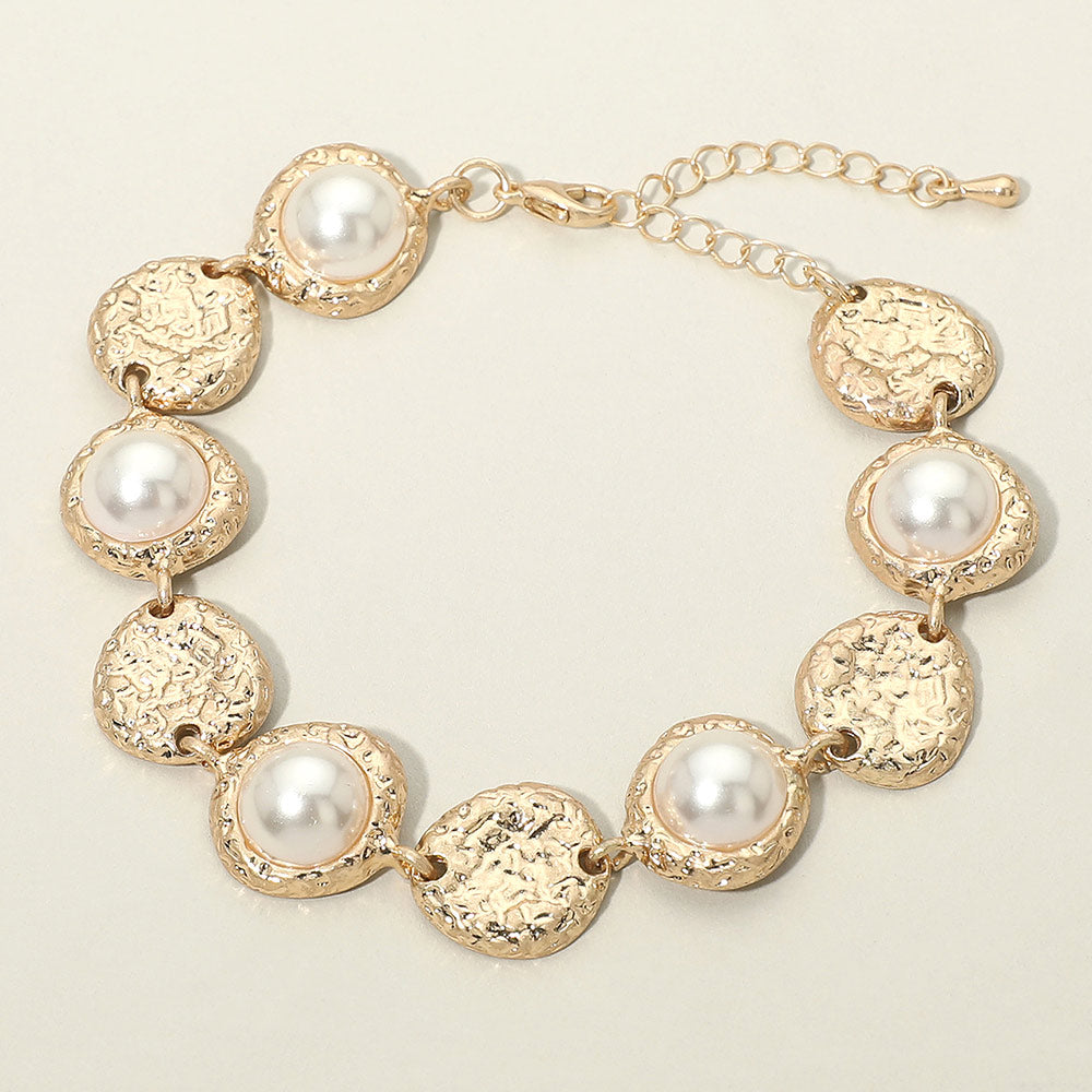 Madeline Love Cream, Worn Gold Pearl Accent Textured Disc Link Bracelet - Bracelets