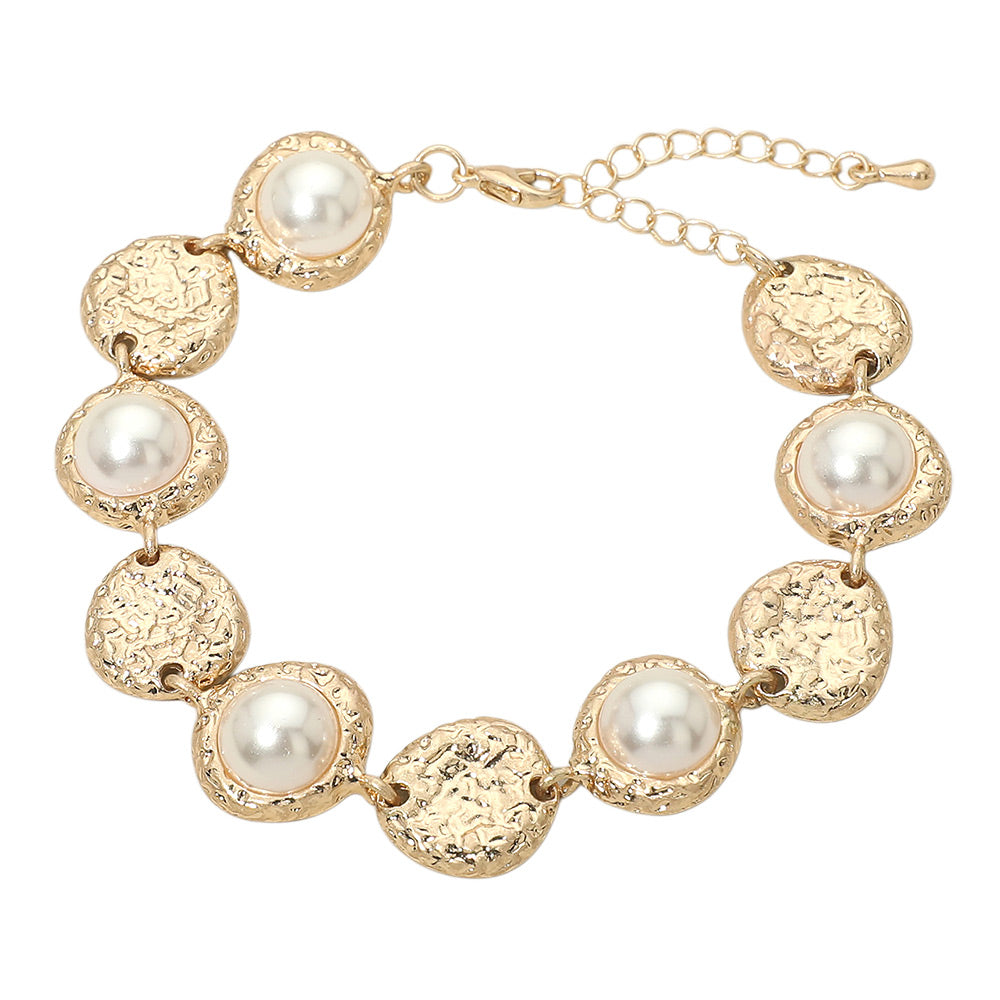 Madeline Love Cream, Worn Gold Pearl Accent Textured Disc Link Bracelet - Bracelets - desc