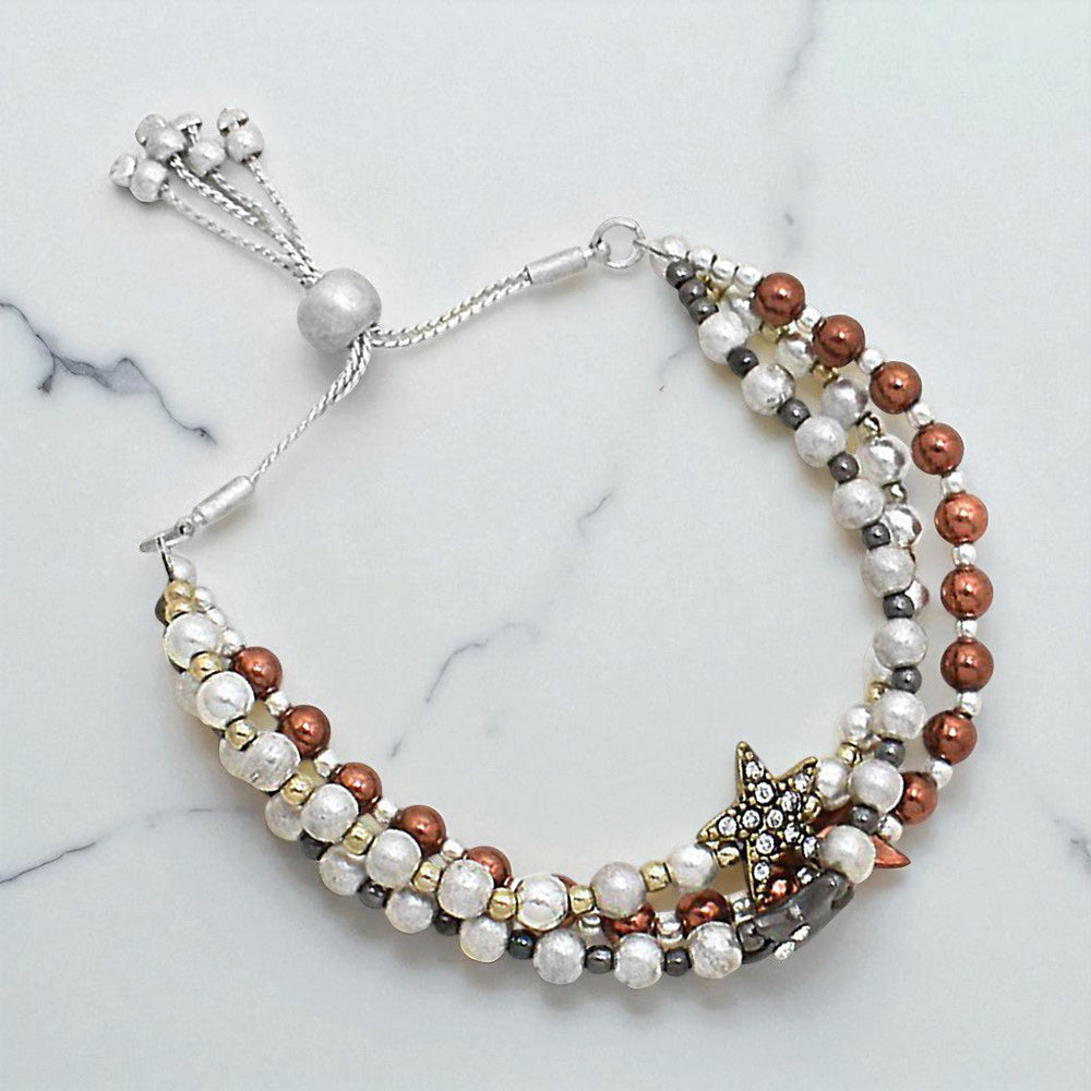 Madeline Love Brown, Hematite, Silver, Gold Pave Star Beaded Bracelet - Bracelets