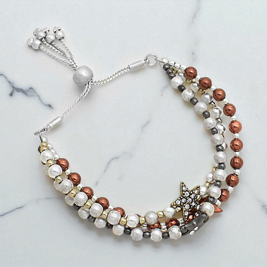 Madeline Love Brown, Hematite, Silver, Gold Pave Star Beaded Bracelet - Bracelets