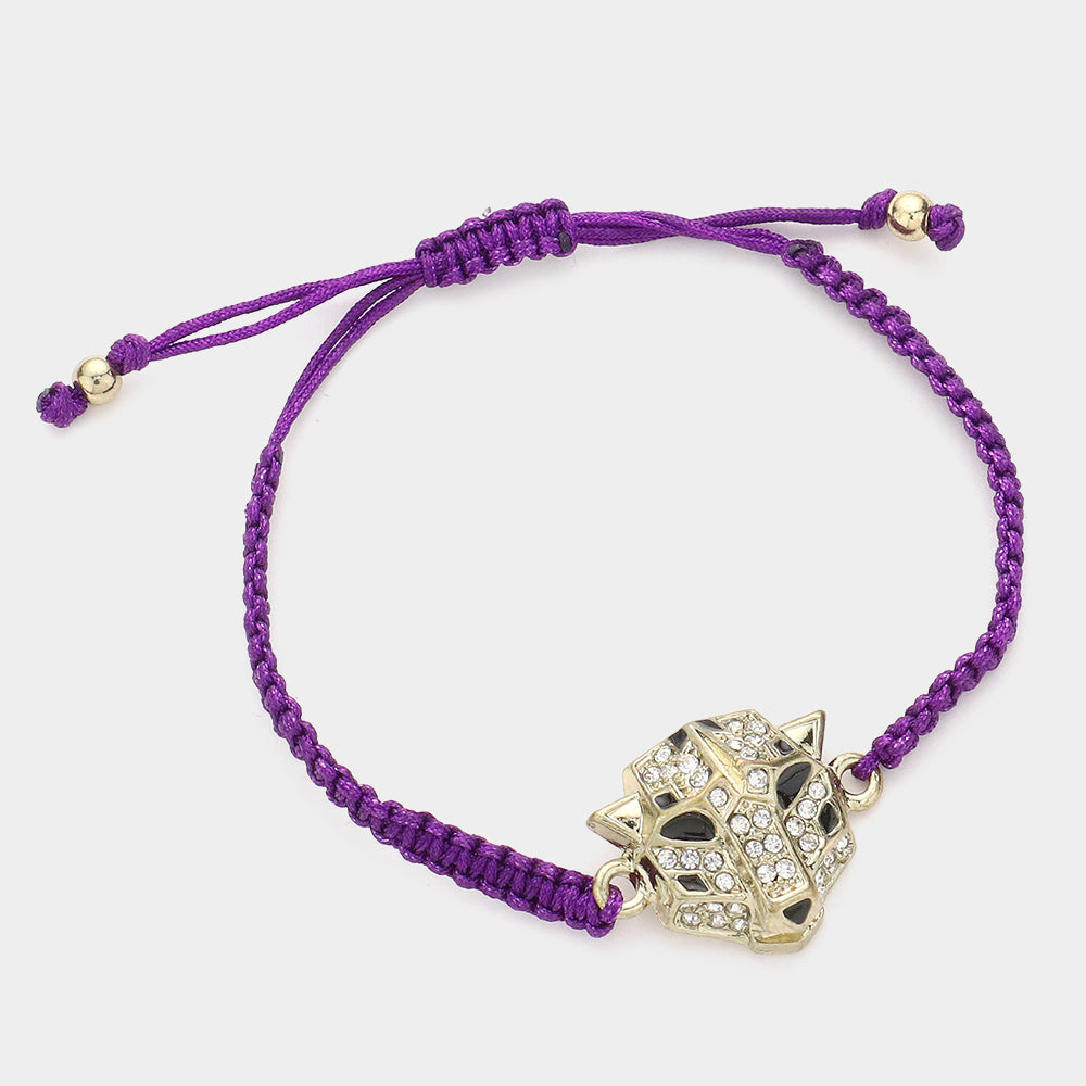 Madeline Love Purple Stone Paved Leopard Panther Head Pointed Thread Adjustable Cinch Pull Tie Bracelet - Bracelets