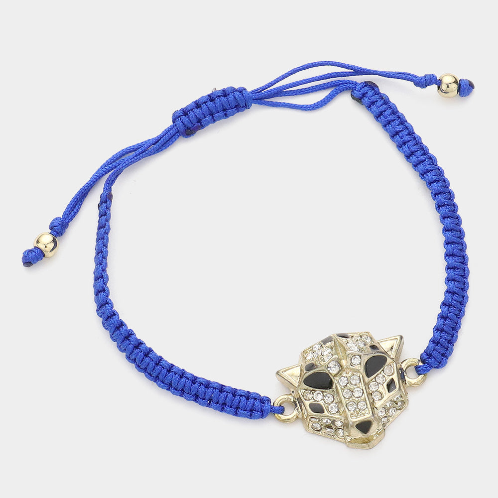 Madeline Love Royal Blue Stone Paved Leopard Panther Head Pointed Thread Adjustable Cinch Pull Tie Bracelet - Bracelets