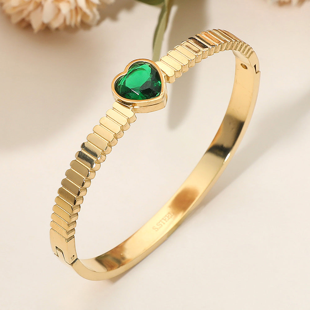Madeline Love Gold, Green Stainless Steel Heart Stone Accent Hinged Bangle Bracelet - Bracelets