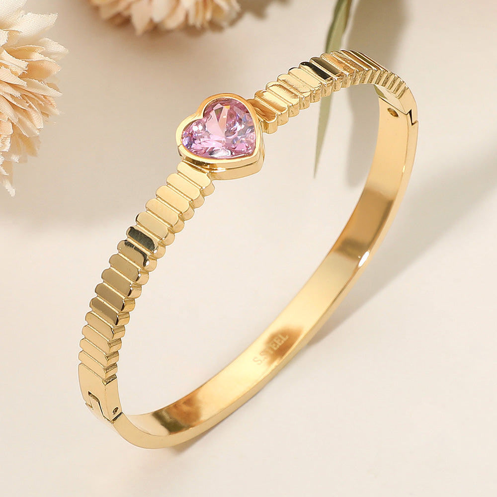 Madeline Love Gold, Pink Stainless Steel Heart Stone Accent Hinged Bangle Bracelet - Bracelets
