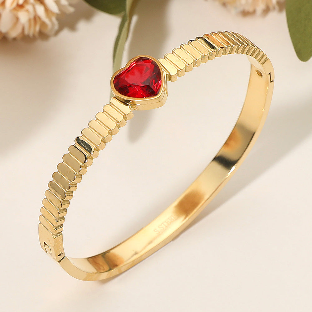 Madeline Love Gold, Red Stainless Steel Heart Stone Accent Hinged Bangle Bracelet - Bracelets