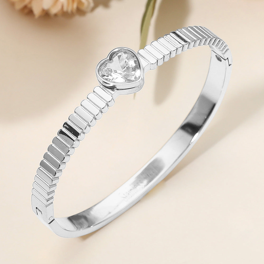 Madeline Love Clear, Silver Stainless Steel Heart Stone Accent Hinged Bangle Bracelet - Bracelets