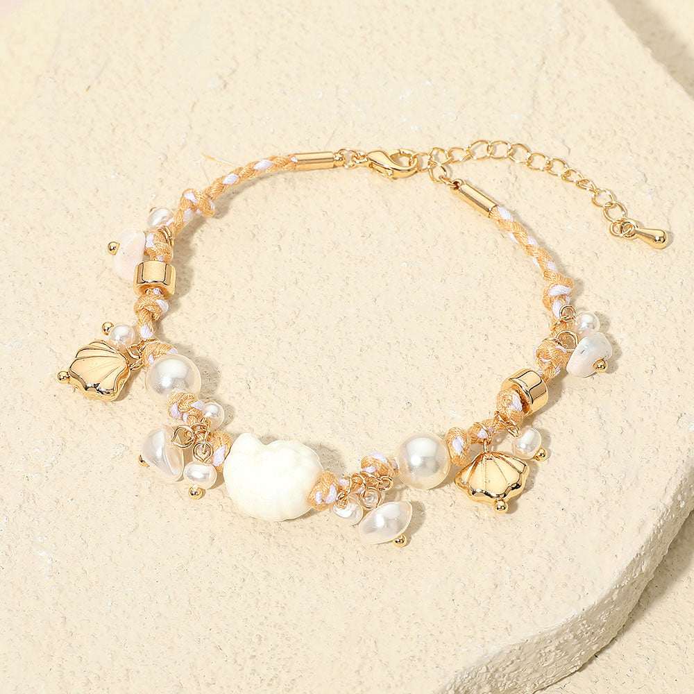 Madeline Love Cream, Gold Coastal Inspired Seashell Pearl Charm Embellished Braided Cord Bracelet - Earrings