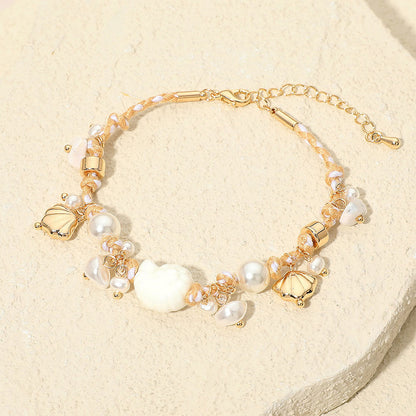 Madeline Love Cream, Gold Coastal Inspired Seashell Pearl Charm Embellished Braided Cord Bracelet - Earrings