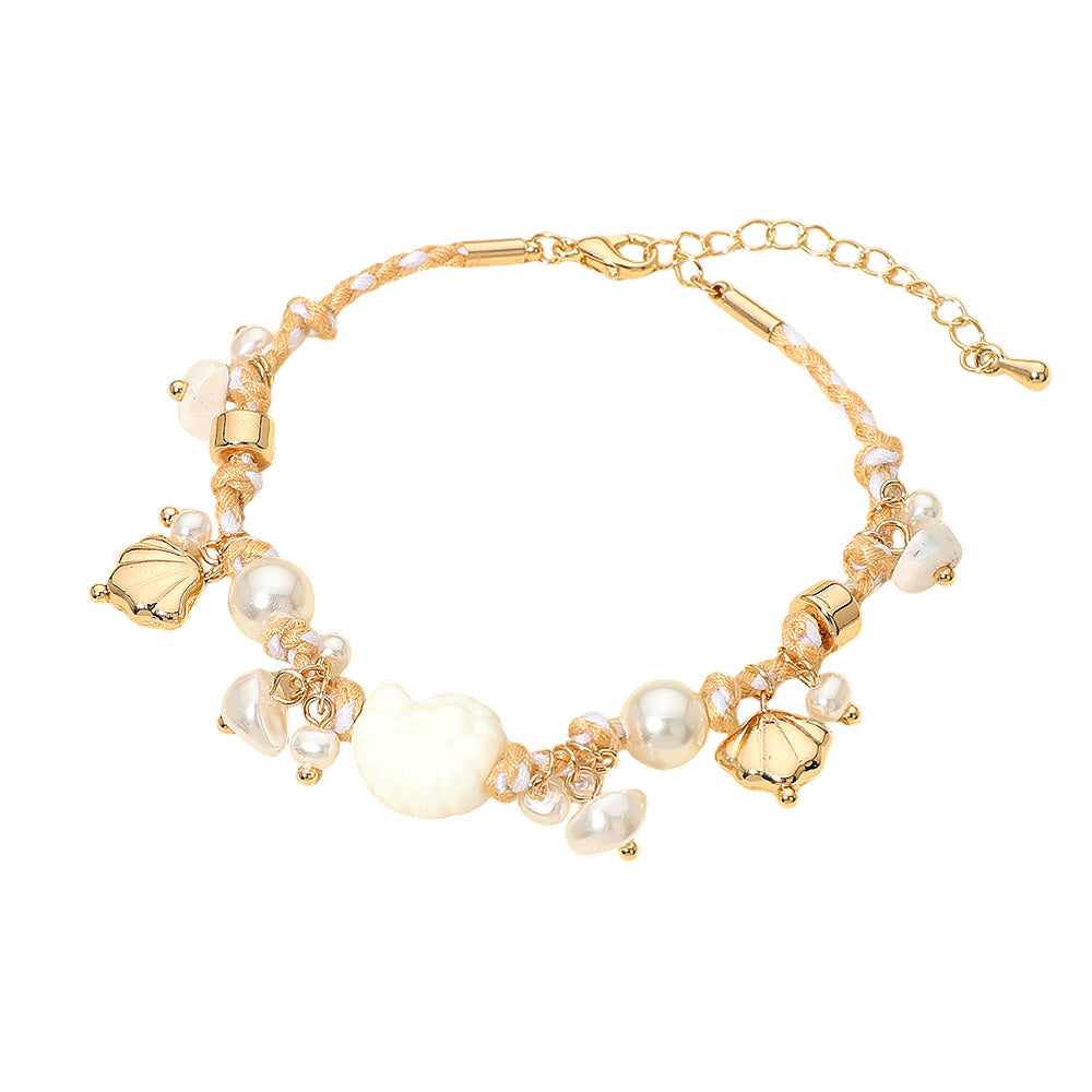 Madeline Love Cream, Gold Coastal Inspired Seashell Pearl Charm Embellished Braided Cord Bracelet - Earrings - desc