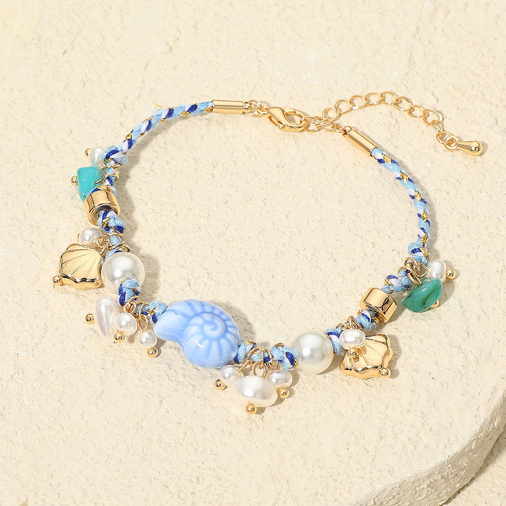 Madeline Love Blue, Gold Coastal Inspired Seashell Pearl Charm Embellished Braided Cord Bracelet - Earrings
