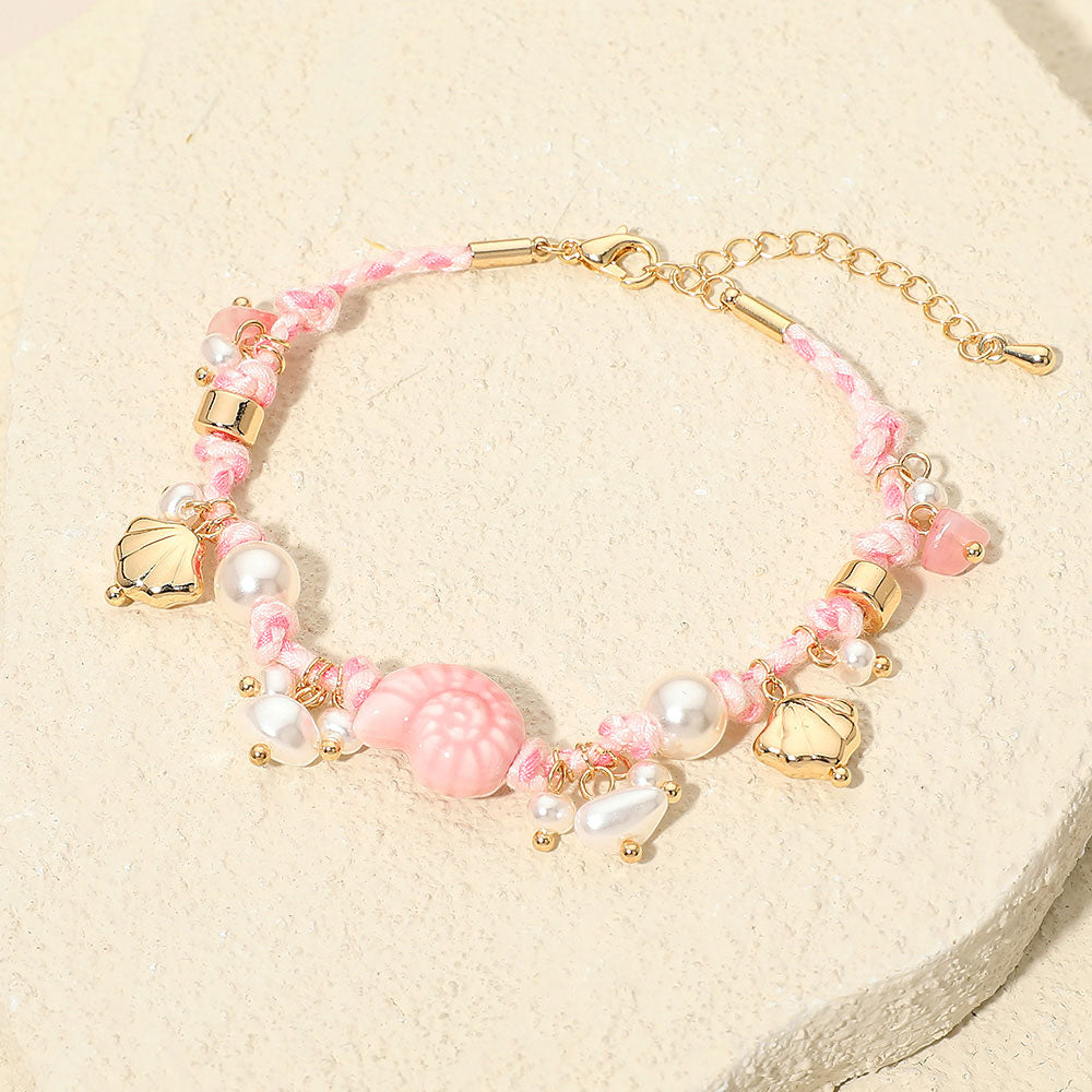 Madeline Love Gold, Light, Pink Coastal Inspired Seashell Pearl Charm Embellished Braided Cord Bracelet - Earrings