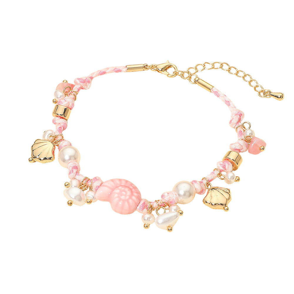 Madeline Love Gold, Light, Pink Coastal Inspired Seashell Pearl Charm Embellished Braided Cord Bracelet - Earrings - desc