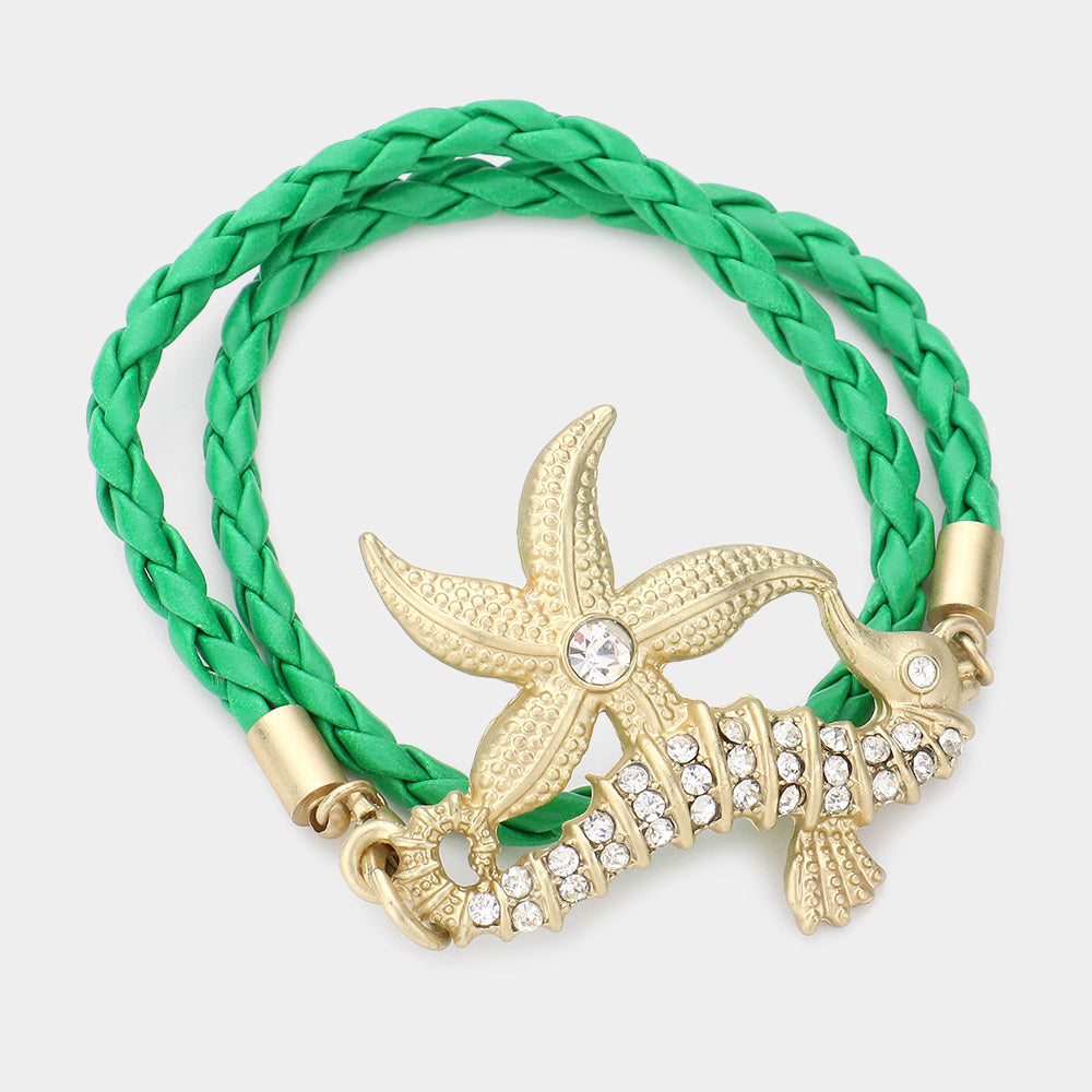 Madeline Love Green Stone Embellished Starfish Seahorse Braided Faux Leather Wrap Bracelet - Bracelets
