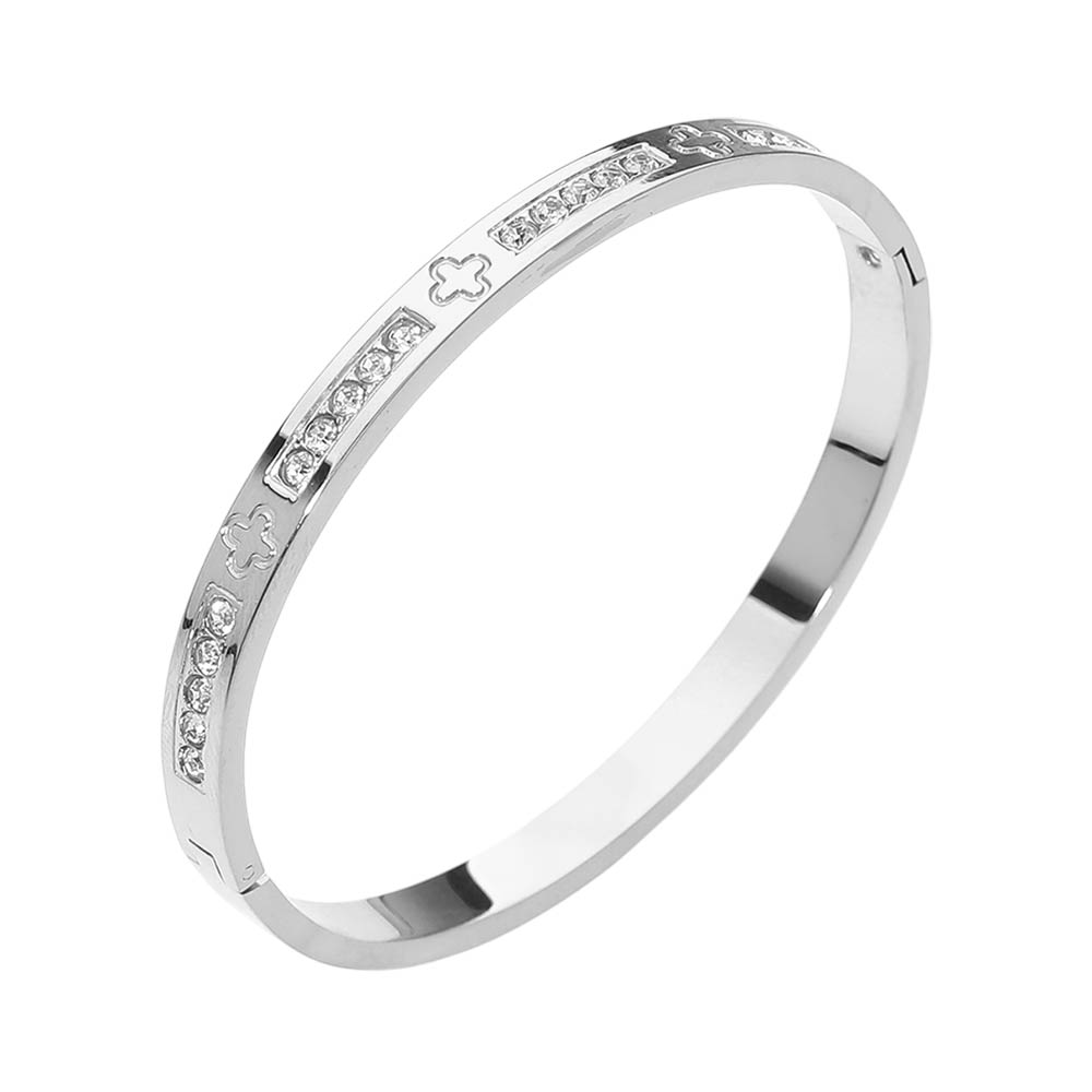Madeline Love Silver Stainless Steel CZ Accent Quatrefoil Engraved Hinged Bangle Bracelet - Bracelets - desc