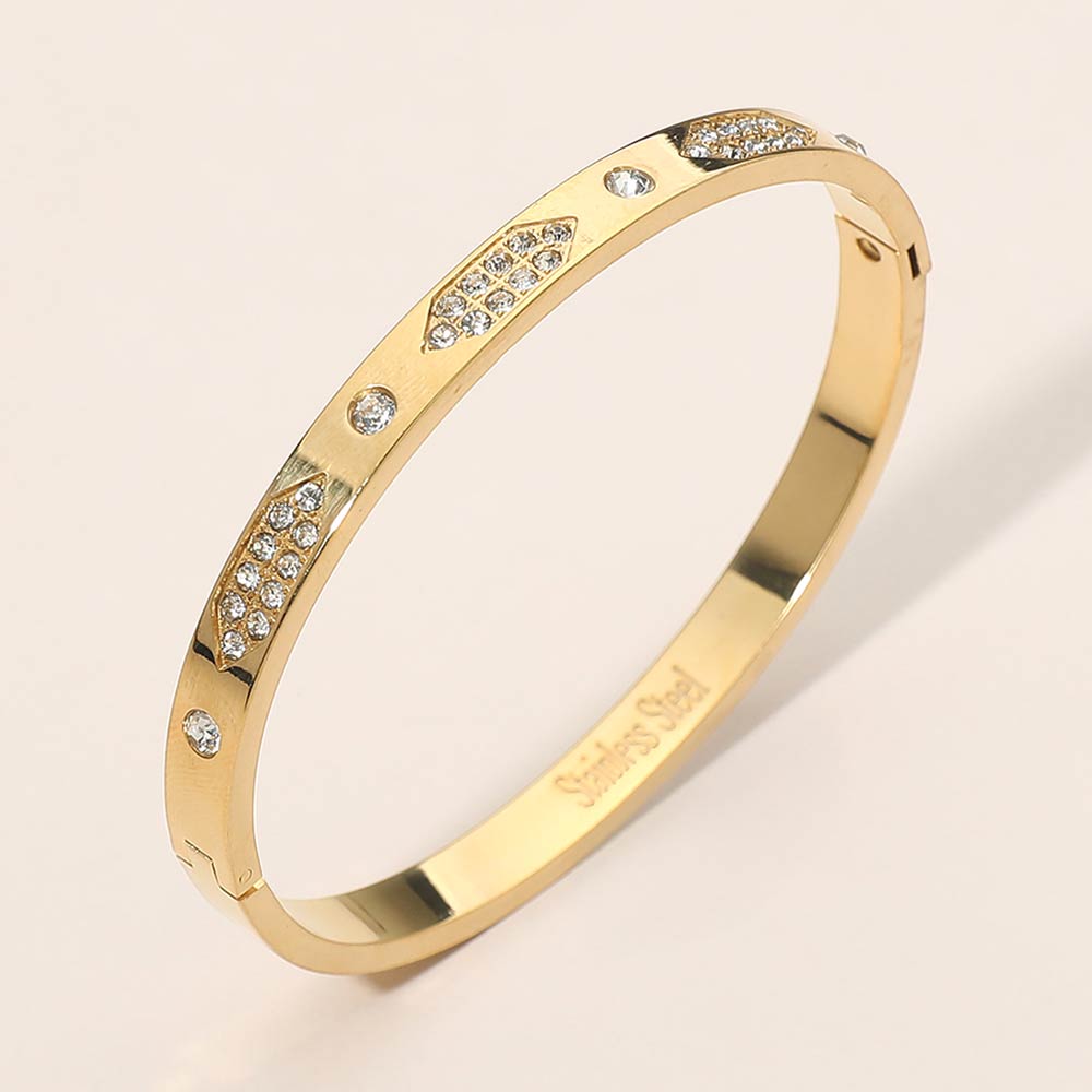 Madeline Love Gold Stainless Steel Geometric CZ Detail Hinged Bangle Bracelet - Bracelets