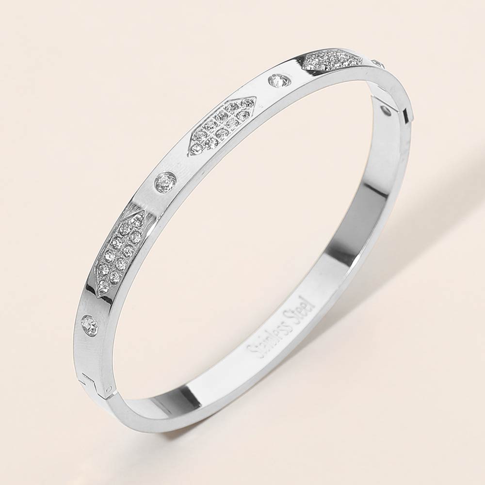Madeline Love Silver Stainless Steel Geometric CZ Detail Hinged Bangle Bracelet - Bracelets