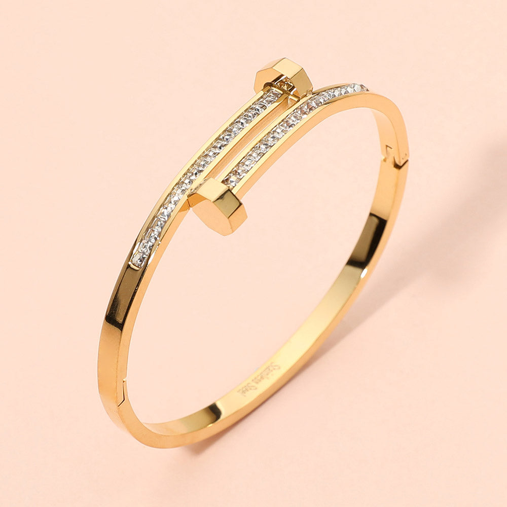 Madeline Love Gold Stainless Steel CZ Stone Paved Nail Head Tip Hinged Bangle Bracelet - Bracelets