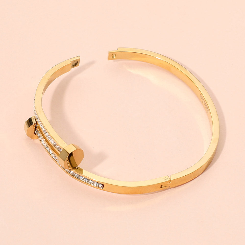 Madeline Love Gold Stainless Steel CZ Stone Paved Nail Head Tip Hinged Bangle Bracelet - Bracelets - desc