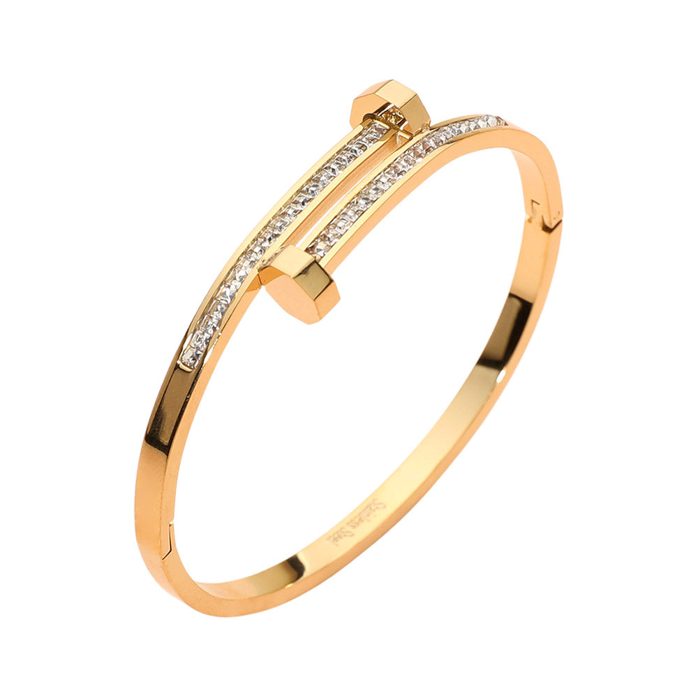 Madeline Love Gold Stainless Steel CZ Stone Paved Nail Head Tip Hinged Bangle Bracelet - Bracelets - extra