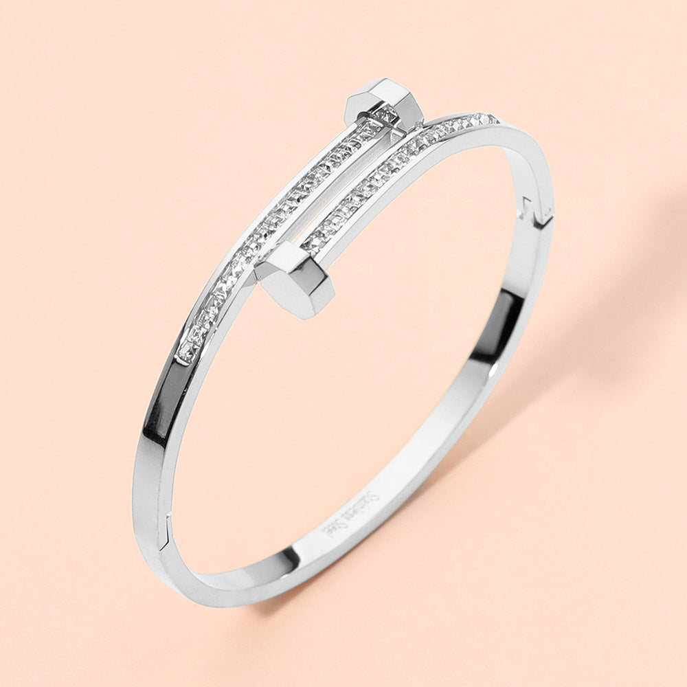 Madeline Love Silver Stainless Steel CZ Stone Paved Nail Head Tip Hinged Bangle Bracelet - Bracelets