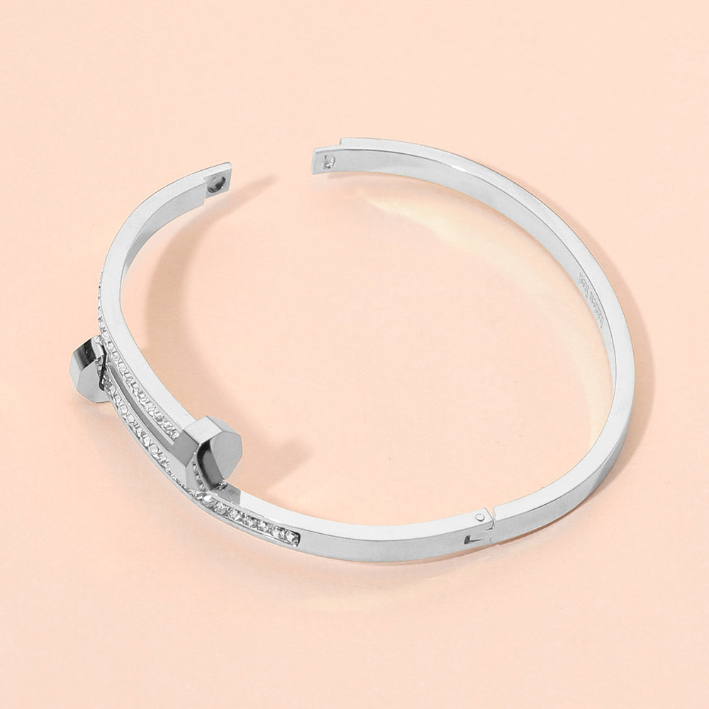 Madeline Love Silver Stainless Steel CZ Stone Paved Nail Head Tip Hinged Bangle Bracelet - Bracelets - desc