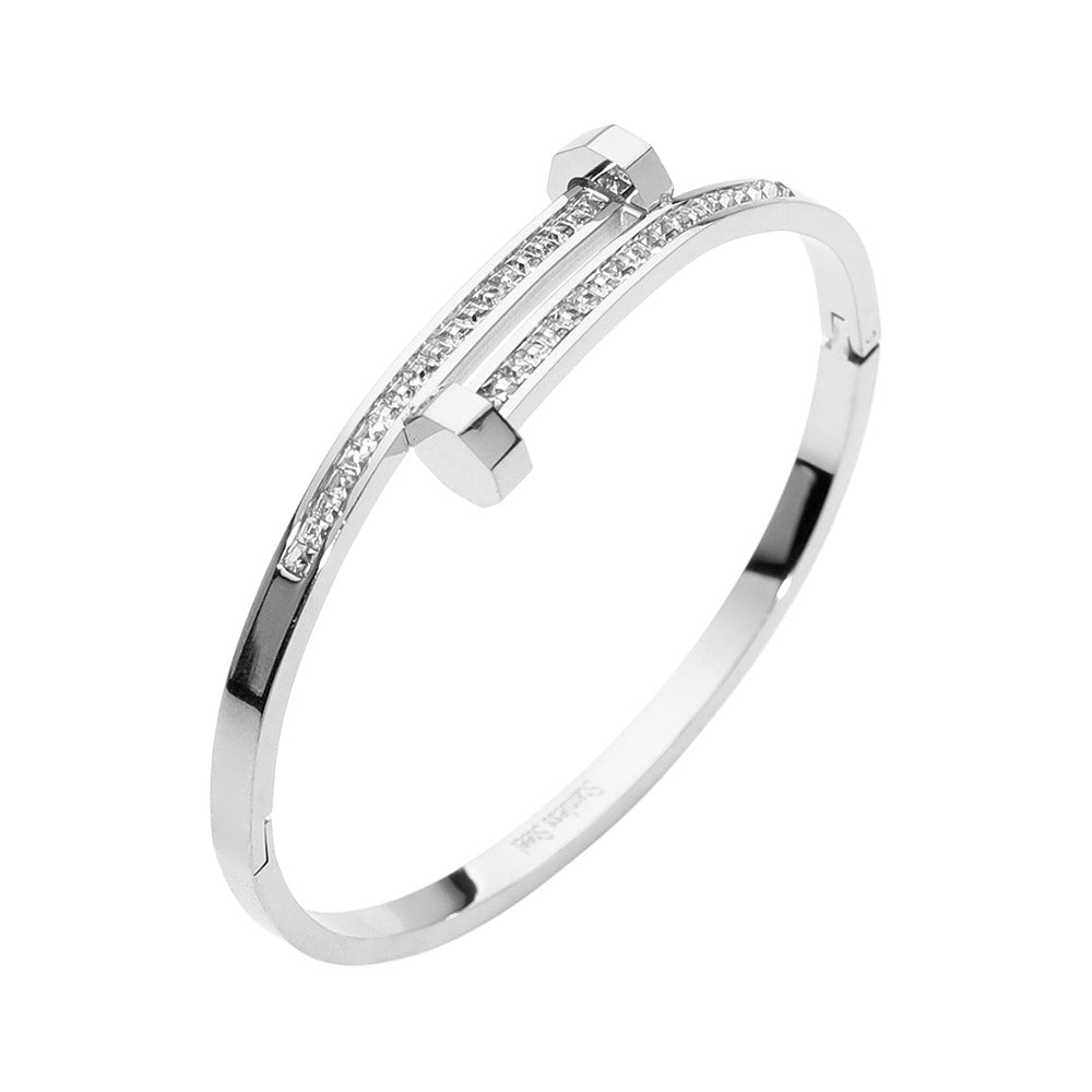 Madeline Love Silver Stainless Steel CZ Stone Paved Nail Head Tip Hinged Bangle Bracelet - Bracelets - extra