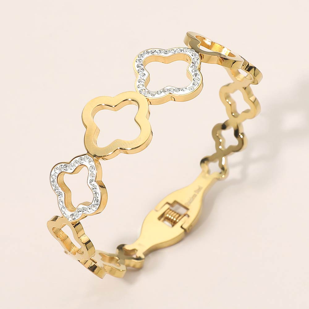 Madeline Love Gold Stainless Steel CZ Pave Accent Open Quatrefoil Link Hinged Bangle Bracelet - Bracelets