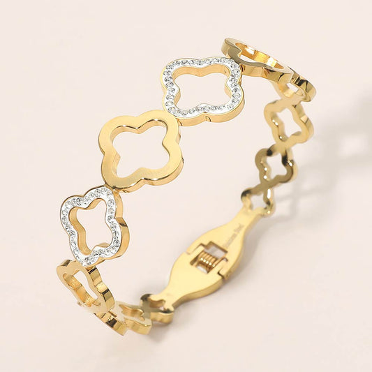 Madeline Love Gold Stainless Steel CZ Pave Accent Open Quatrefoil Link Hinged Bangle Bracelet - Bracelets