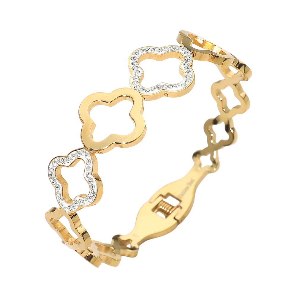 Madeline Love Gold Stainless Steel CZ Pave Accent Open Quatrefoil Link Hinged Bangle Bracelet - Bracelets - desc