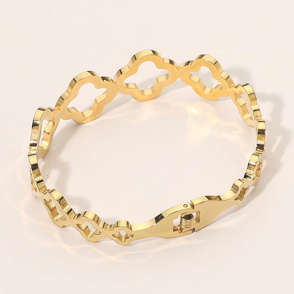 Madeline Love Gold Stainless Steel CZ Pave Accent Open Quatrefoil Link Hinged Bangle Bracelet - Bracelets - extra