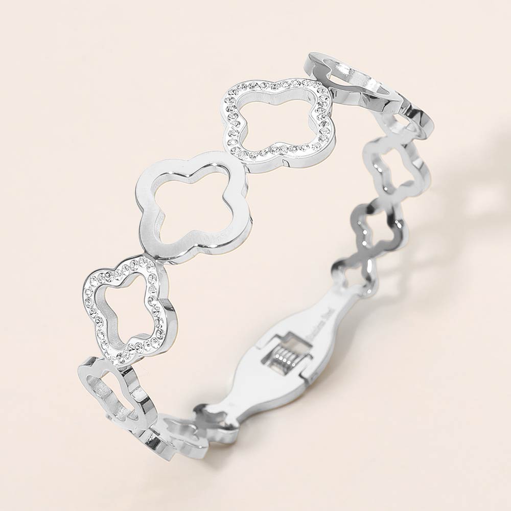 Madeline Love Silver Stainless Steel CZ Pave Accent Open Quatrefoil Link Hinged Bangle Bracelet - Bracelets