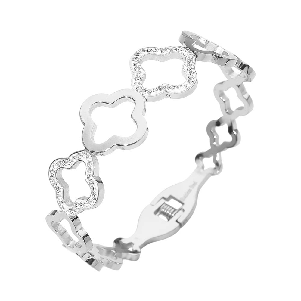 Madeline Love Silver Stainless Steel CZ Pave Accent Open Quatrefoil Link Hinged Bangle Bracelet - Bracelets - desc