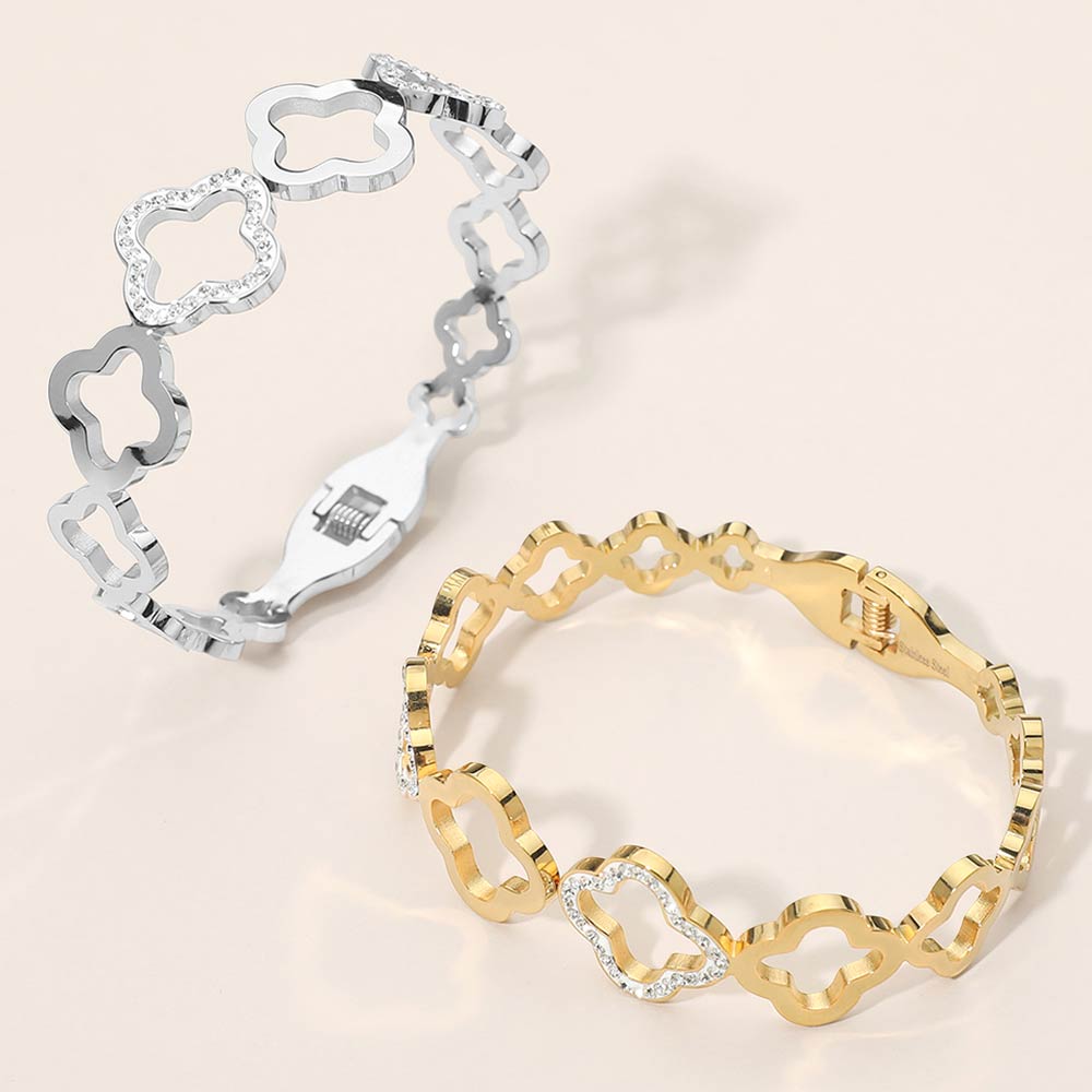 Madeline Love Silver Stainless Steel CZ Pave Accent Open Quatrefoil Link Hinged Bangle Bracelet - Bracelets - extra