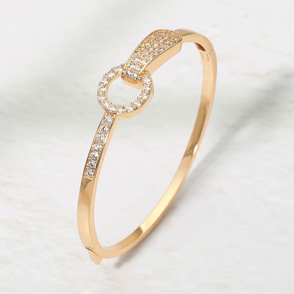 Madeline Love Clear, Gold 14K Gold Plated CZ Pave Ring Link Hinged Bangle Bracelet - Bracelets