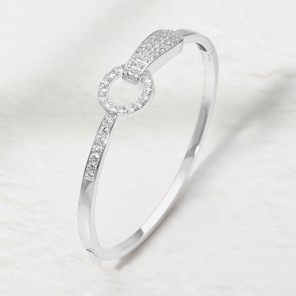 Madeline Love Clear, Silver Rhodium Plated CZ Pave Ring Link Hinged Bangle Bracelet - Bracelets