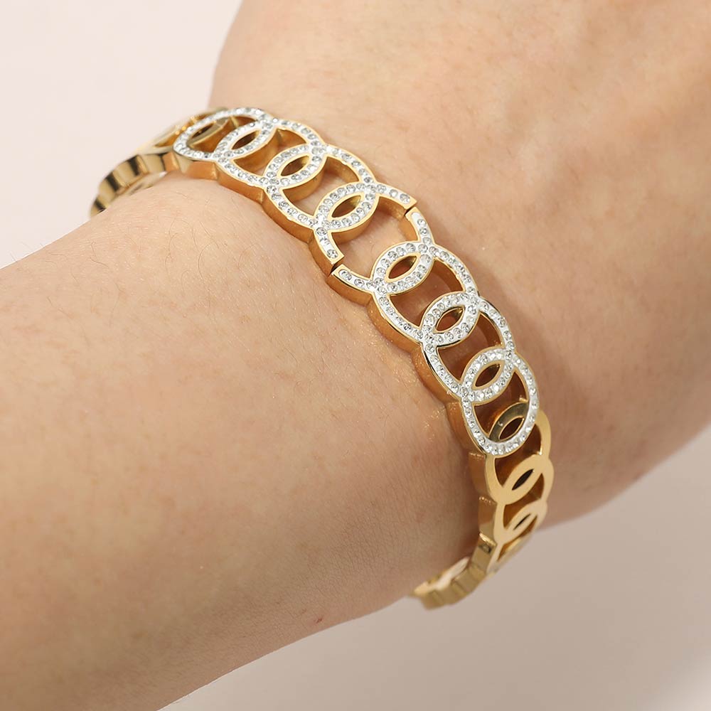 Madeline Love Gold Stainless Steel CZ Pave Circle Link Hinged Bangle Bracelet - Bracelets