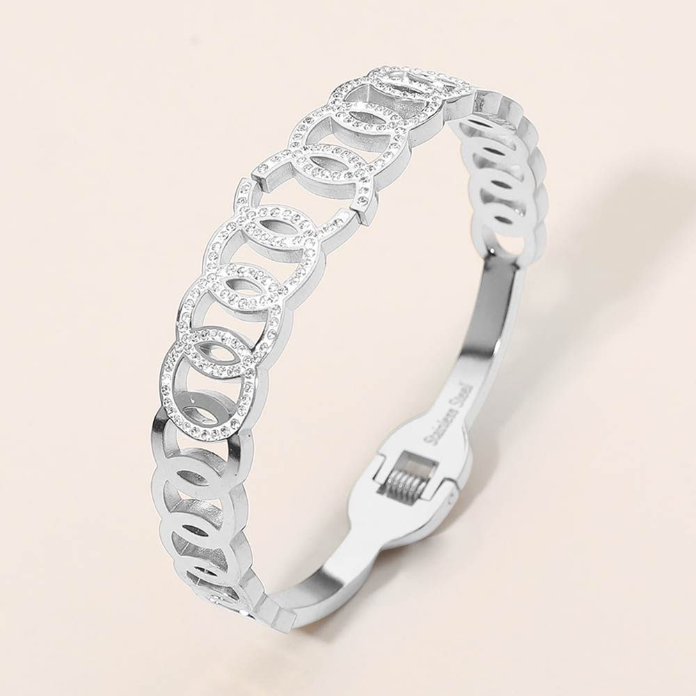 Madeline Love Silver Stainless Steel CZ Pave Circle Link Hinged Bangle Bracelet - Bracelets