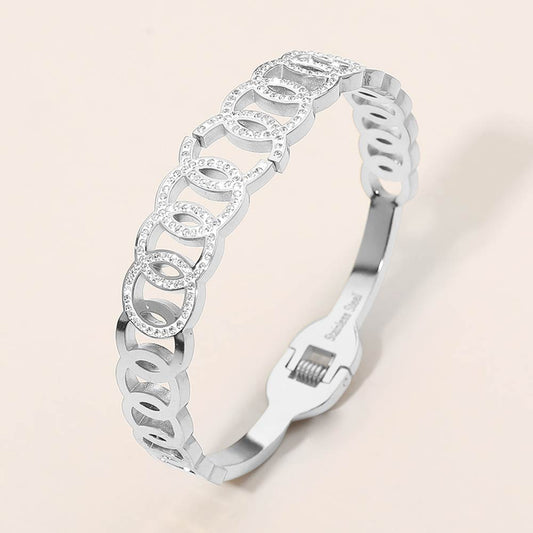 Madeline Love Silver Stainless Steel CZ Pave Circle Link Hinged Bangle Bracelet - Bracelets