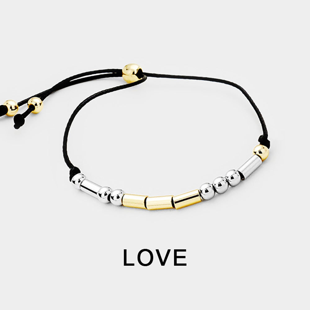 Madeline Love Black, Two Tone LOVE Message Morse Code Adjustable Cinch Pull Tie Bracelet - Bracelets