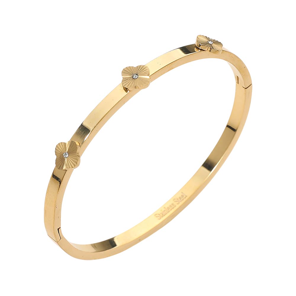 Madeline Love Gold Stainless Steel CZ Center Quatrefoil Station Hinged Bangle Bracelet - Bracelets - desc